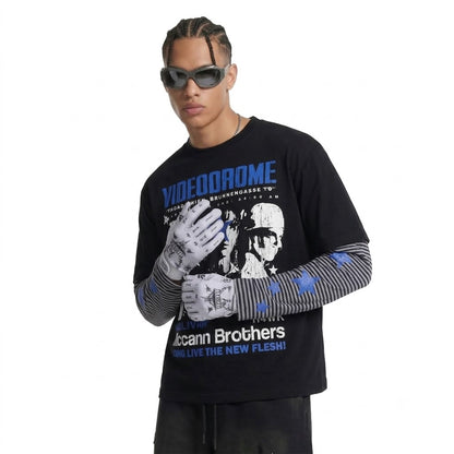 Punk Rock Portrait Printed Fake Two Piece Striped Long Sleeve T-shirt for men | MuddyStock Originals