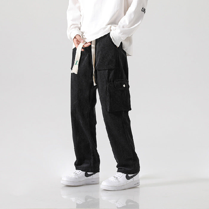 Men's Loose All-matching Corduroy Multi-pocket Straight Cargo Pants Black