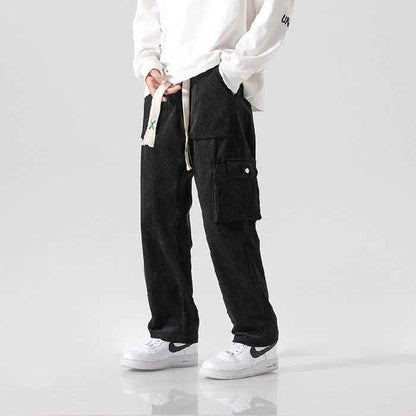 Men's Loose All-matching Corduroy Multi-pocket Straight Cargo Pants Black MuddyStock