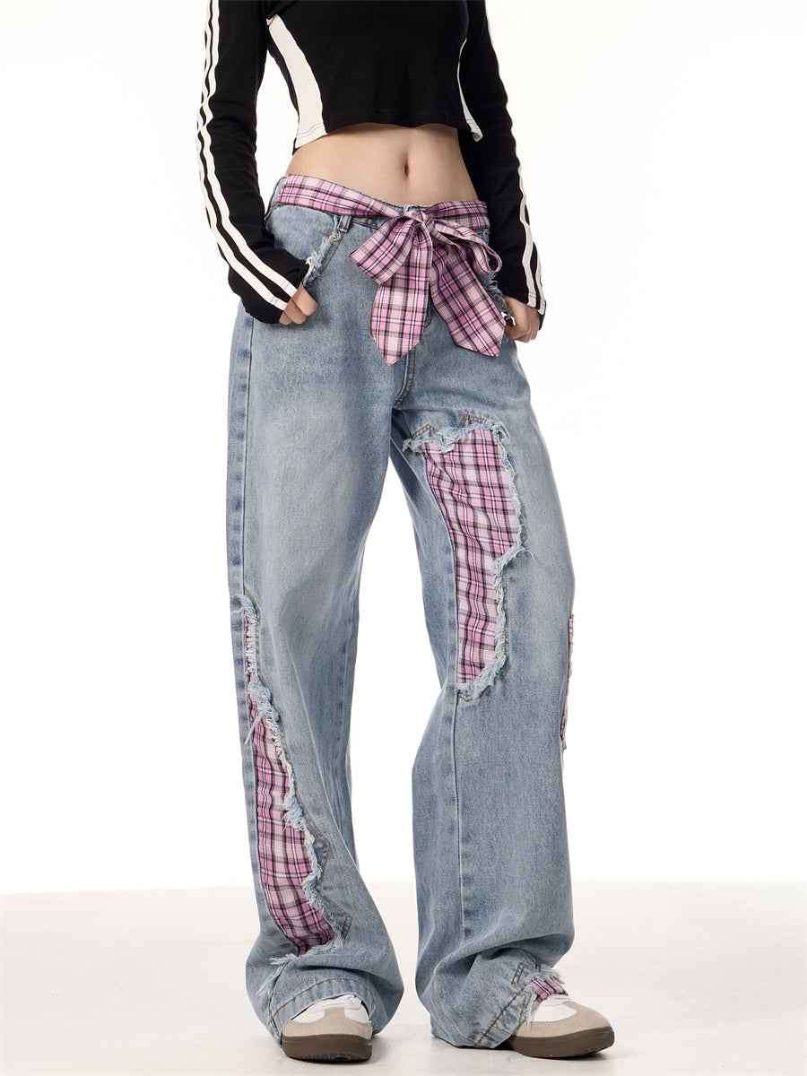 Bowknot Loose Sweet Cool Plaid Stitching Jeans Women's Straight Wide Leg Pants MuddyStock