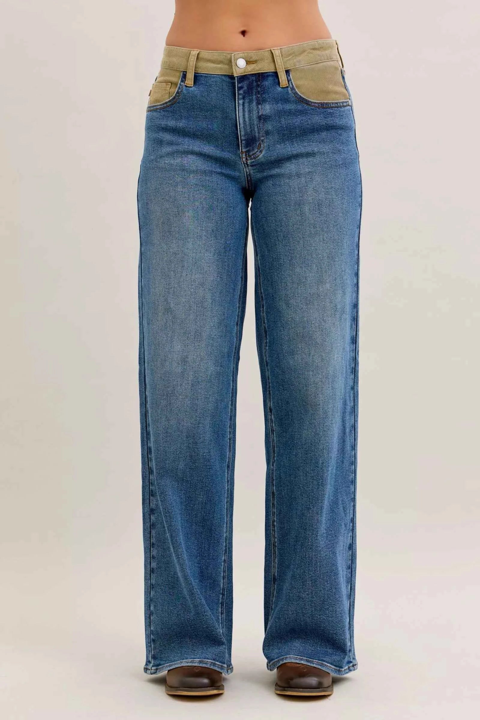 Judy Blue MR Column Straight Jeans with Corduroy Waist For Women MD Trendsi