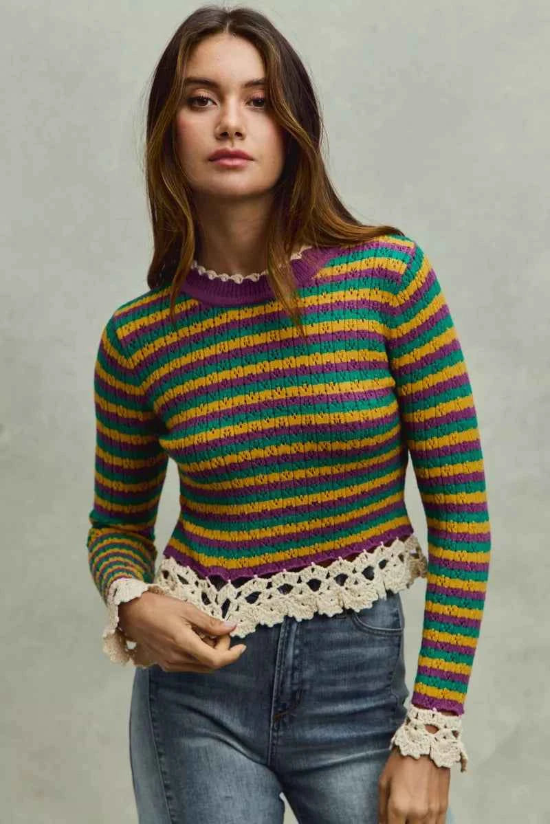 Mardi Gras Striped Cropped Knit Top with Crochet Edge For Women PURP GOLD GRN OAT Trendsi