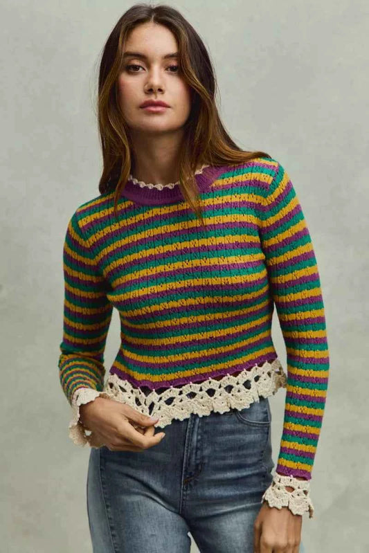 Mardi Gras Striped Cropped Knit Top with Crochet Edge For Women PURP GOLD GRN OAT Trendsi