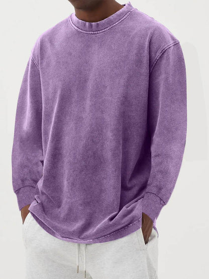 Washed Old Solid Color Men's Long-sleeved T-shirt Purple MuddyStock