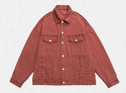 Retro Washed Dyed Loose Denim Coat For Men And Women Cinnabar Red MuddyStock
