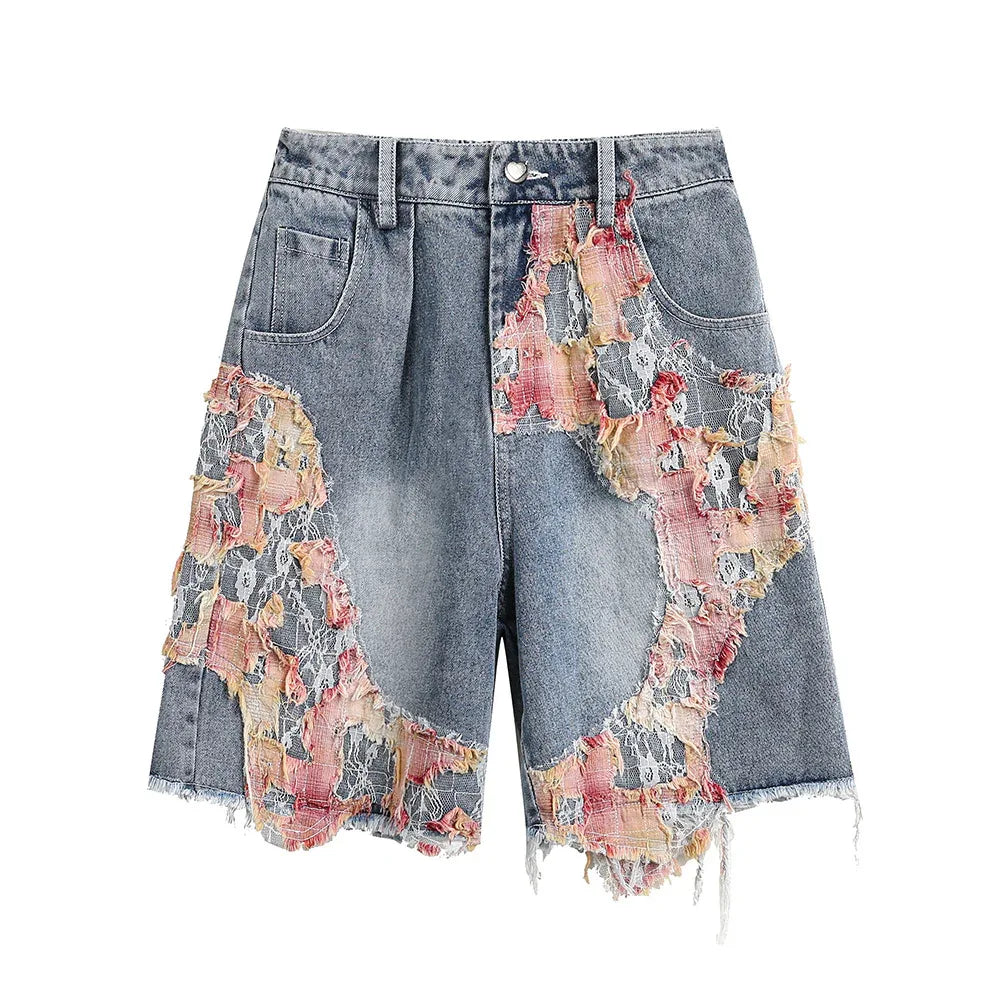 Patchwork Lace Washed Shorts For Women MuddyStock