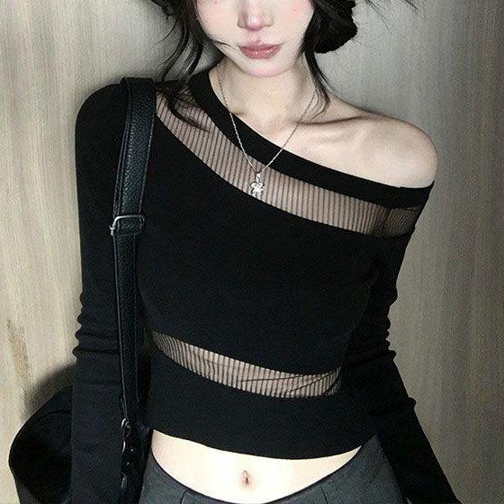 Hollow Out Minimalist Fitted Off Shoulder Top For Women Black