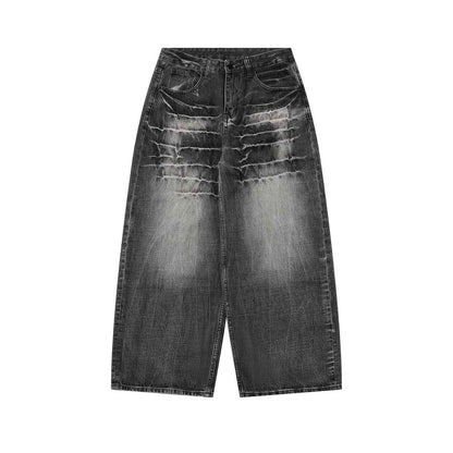 Retro Washed Distressed Loose-fit Wide-leg Denim Pants For Men And Women