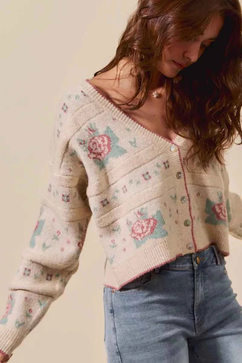 Floral Pattern Long Sleeve Button Sweater Cardigan For Women Trendsi