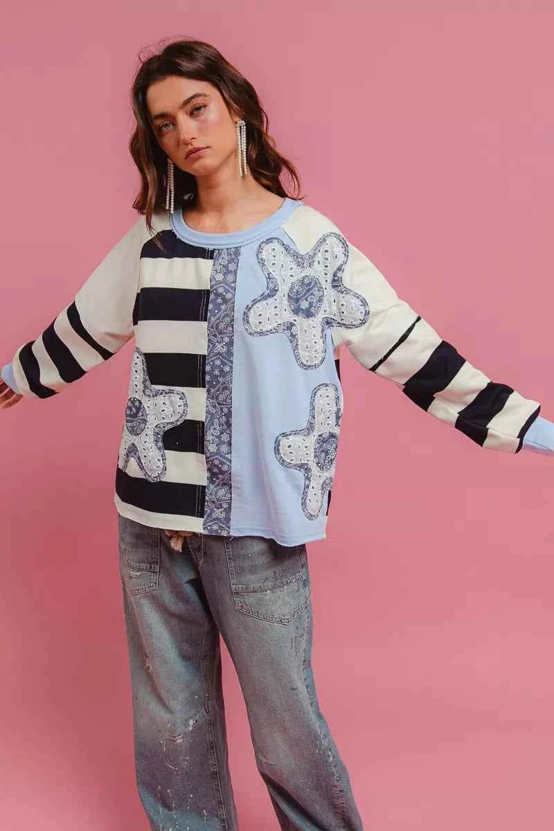 Patchwork Striped Round Neck Sweatshirt For Women Trendsi