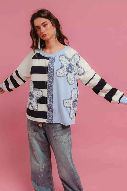 Patchwork Striped Round Neck Sweatshirt For Women Trendsi