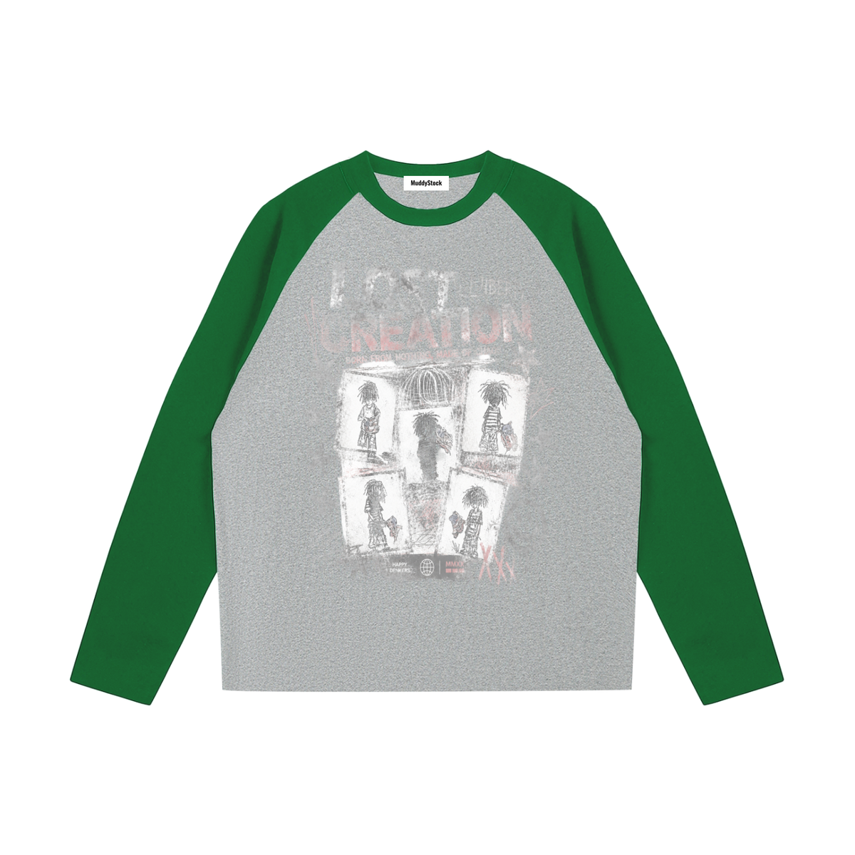 Color-Blocked Raglan Long-Sleeve T-Shirt For Women | MuddyStock Originals Flower Gray with Green