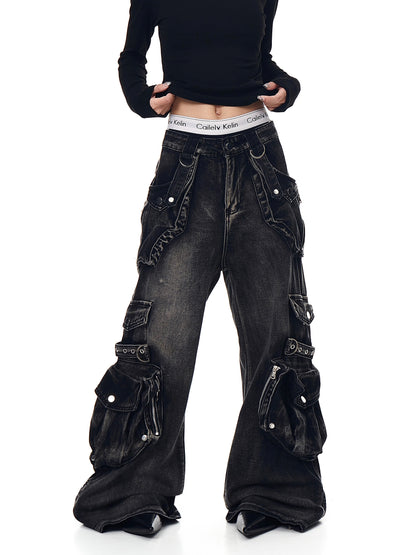 Retro Heavy Industry Multi-pocket Workwear Jeans For Women