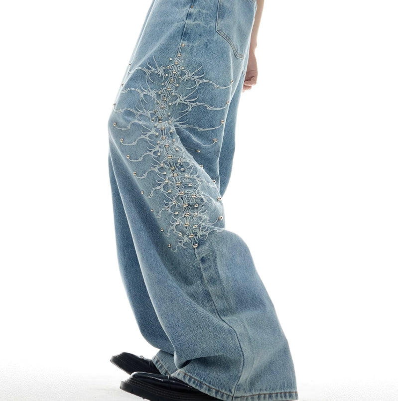 Niche Retro Washed Backbone Rivet Design Jeans For Men
