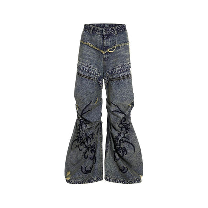 Retro Washed Distressed Zipper Embroidered Pleated Mopping Jeans MuddyStock