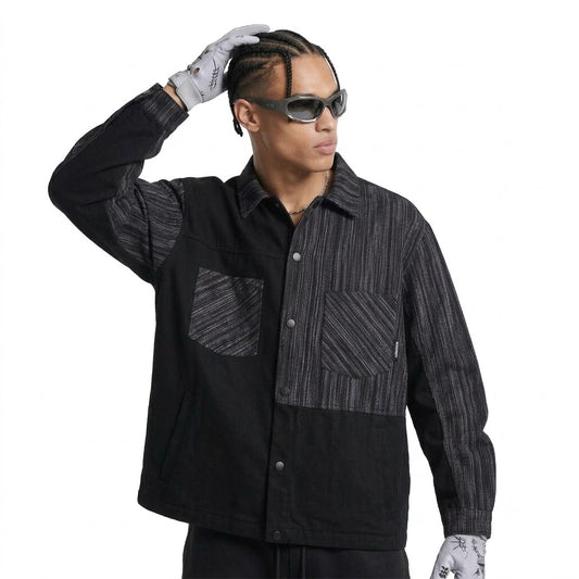 Stripe Color-block Spliced Loose Turn-down Collar Jacket For Men | MuddyStock Originals