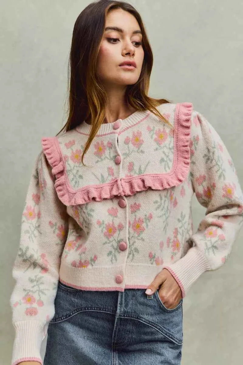 Flower With Ruffle Detailing Sweater Cardigan For Women Trendsi