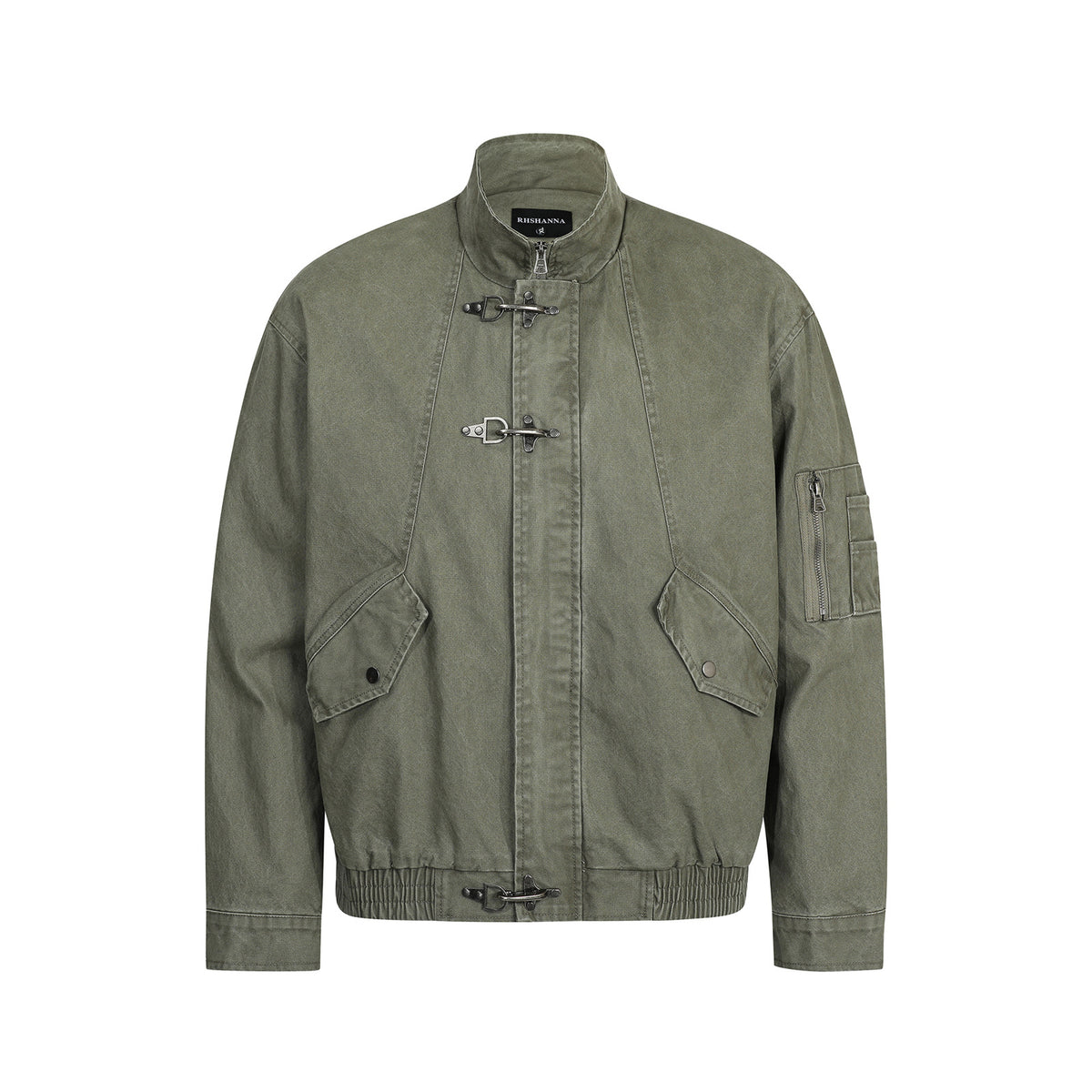 American Retro High-end Washed Vintage Design Stand-collar Casual Jacket For Men Army Green