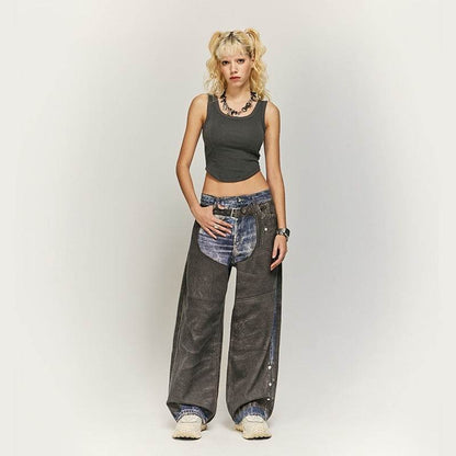 Leather Patchwork Digital Printing Jeans Brand Wide Leg Jeans MuddyStock