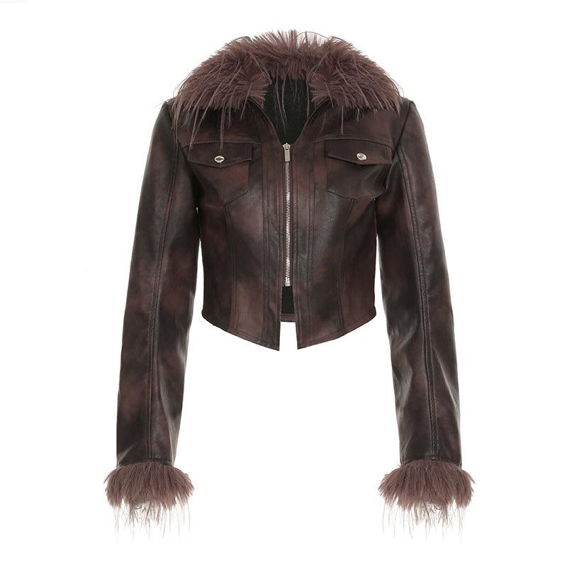 Street Fashion Fur Collar Splicing Coat For Women Brown All Products