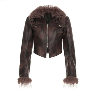 Street Fashion Fur Collar Splicing Coat For Women Brown All Products
