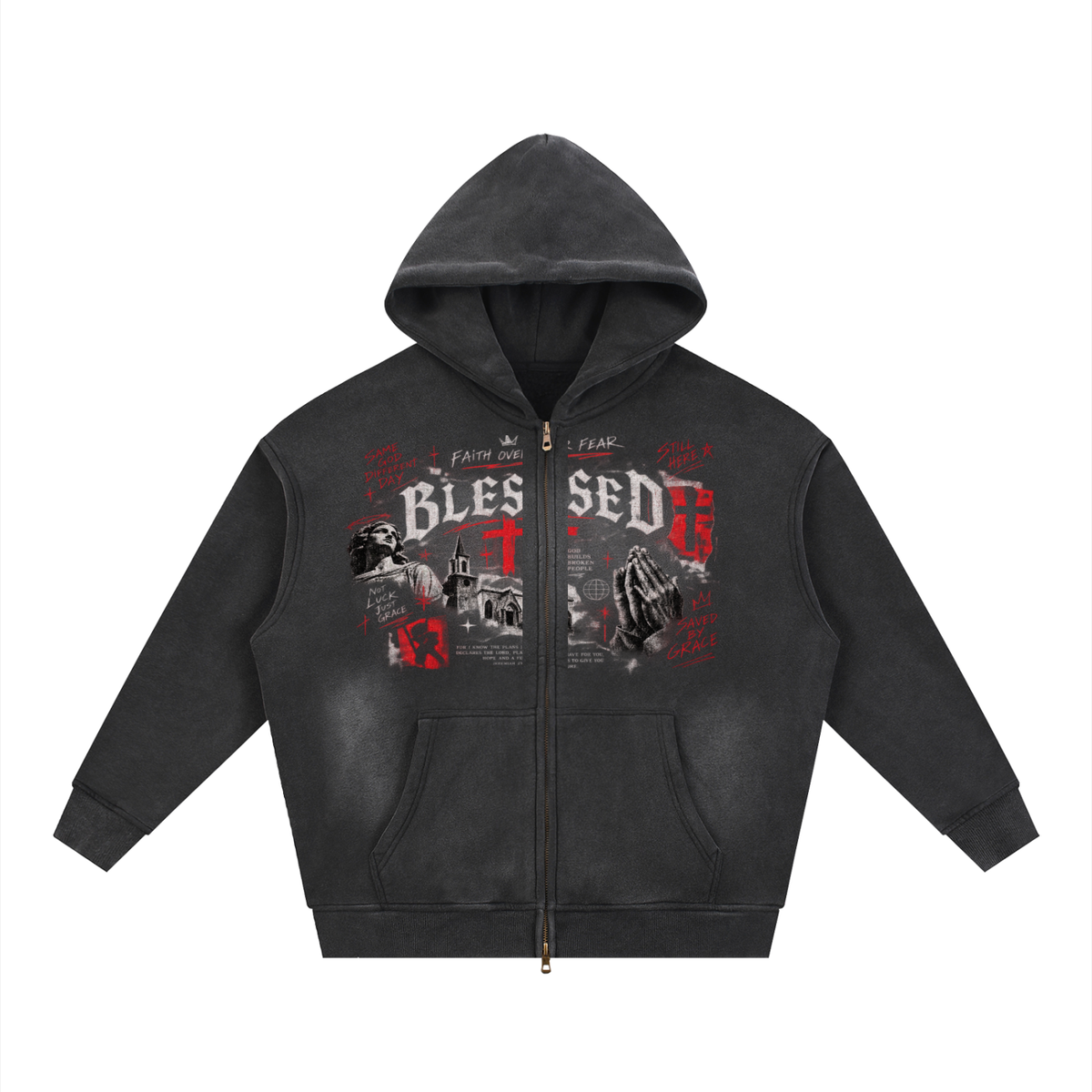 Sunfade Two-way Zipper Boxy Fleece Hoodie For Men | MuddyStock Originals Black