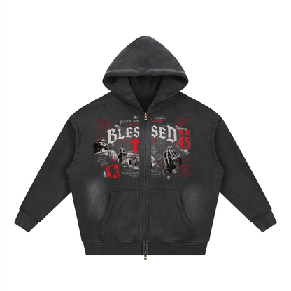 Sunfade Two-way Zipper Boxy Fleece Hoodie For Men | MuddyStock Originals Black