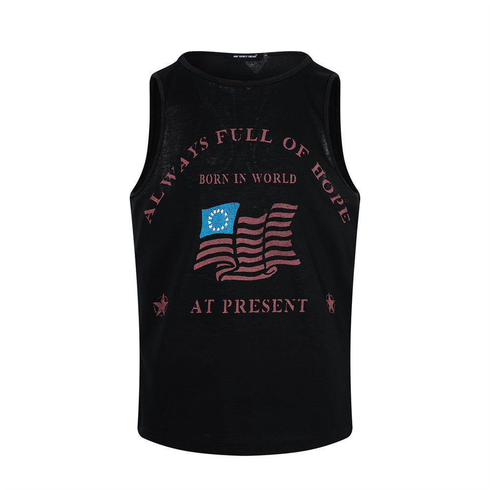Letter printed shoulder round neck men's vest Black