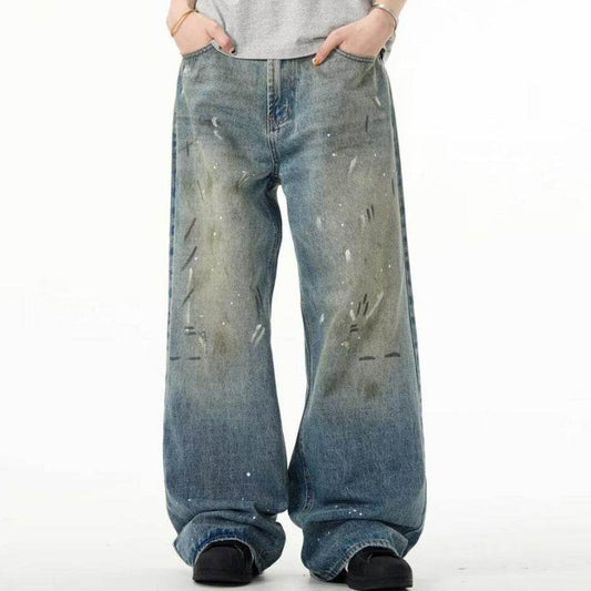Splash-ink Jeans Men's Retro Washed Distressed Baggy Straight Trousers MuddyStock