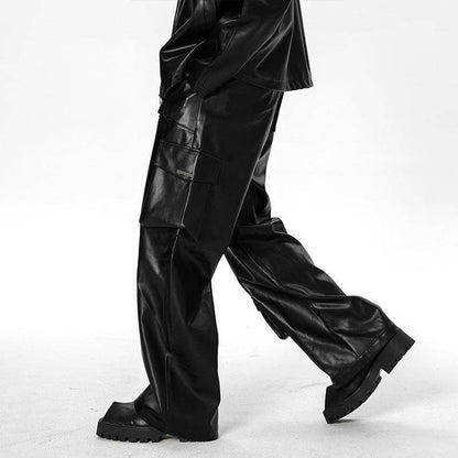 Men's Loose Straight Casual American Retro Street PU Leather Pants MuddyStock
