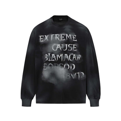 Retro Washed Distressed Fuzzy Letter Crew Neck Sweatshirt For Men Black null