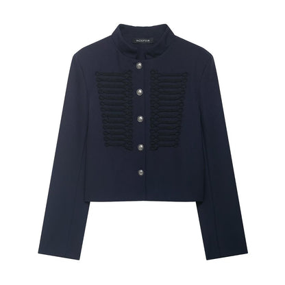 French-style Vintage Stand-collar Fashionable Casual Short Jacket For Women Navy Blue All Products