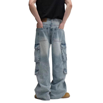 Washed Multi-Pocket Workwear Denim Jeans For Men