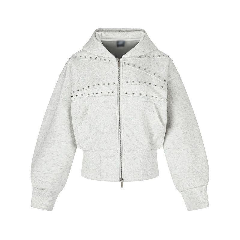 Vintage Distressed Waist-cinched Hooded Sweatshirt Versatile Womens Jacket White And Gray All Products