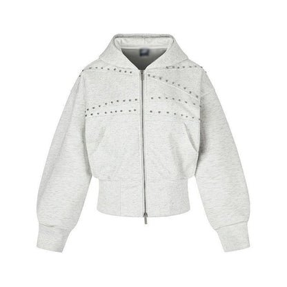 Vintage Distressed Waist-cinched Hooded Sweatshirt Versatile Womens Jacket White And Gray All Products