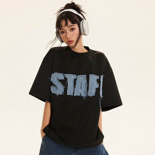 Letter Denim Patch Short Sleeve Clothing MuddyStock