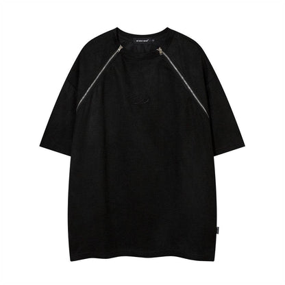 Men's Double Zipper Short-sleeved T-shirt Black MuddyStock
