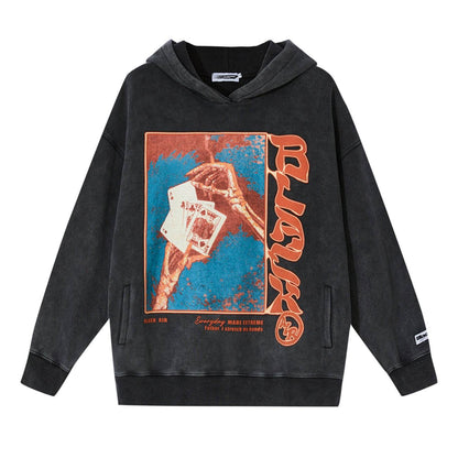 Street Retro Poker Printed Hoodie For Men Black MuddyStock