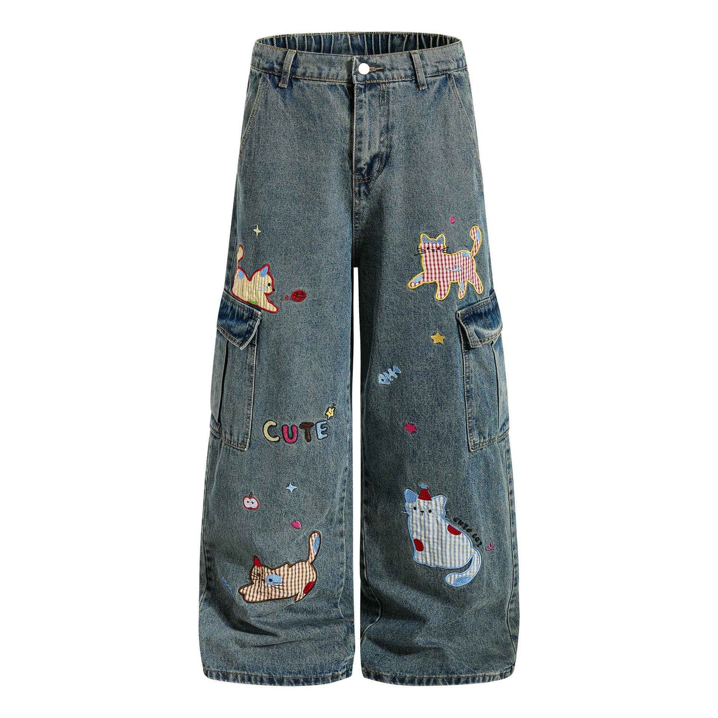 Cartoon cat washed straight leg jeans for women | MuddyStock Originals Blue