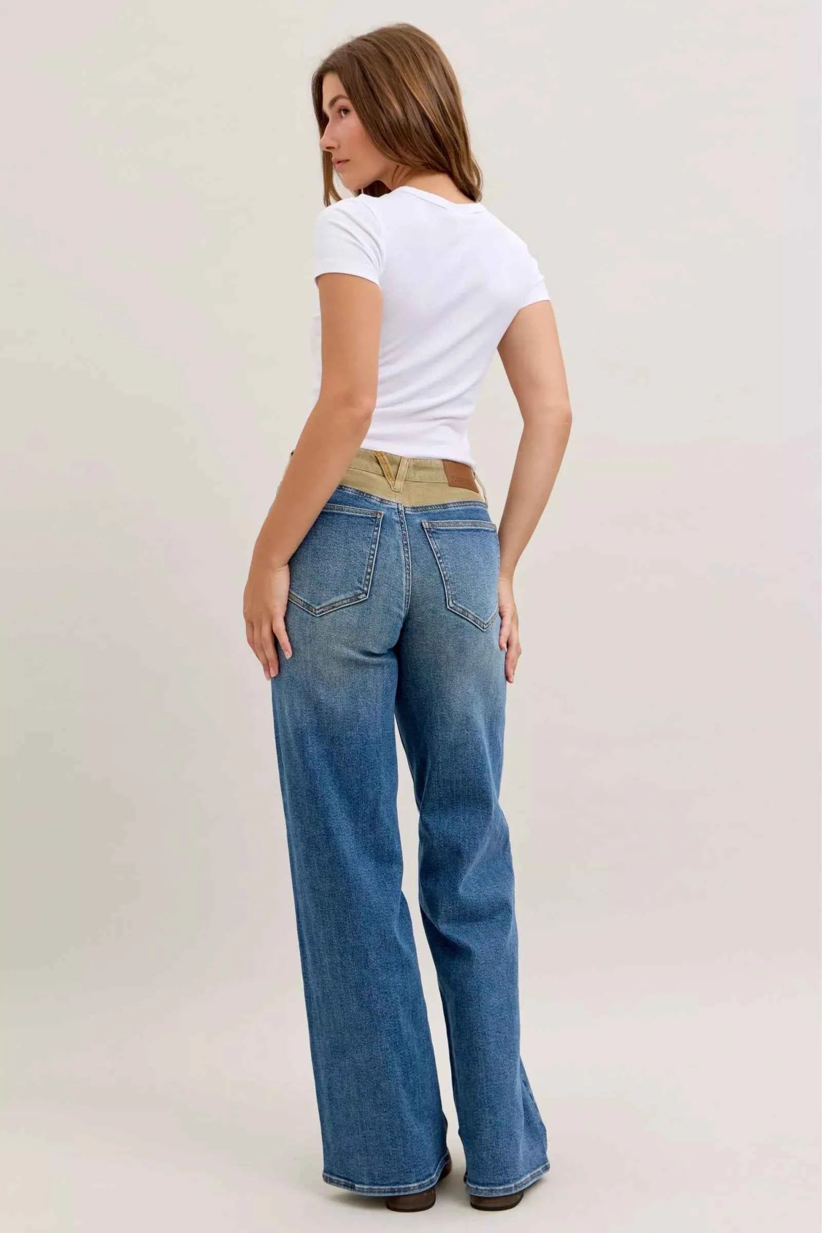 Judy Blue MR Column Straight Jeans with Corduroy Waist For Women Trendsi