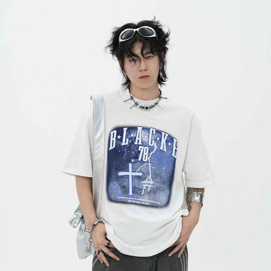 Fashion Cross Printed T-shirt Short Sleeve Men MuddyStock
