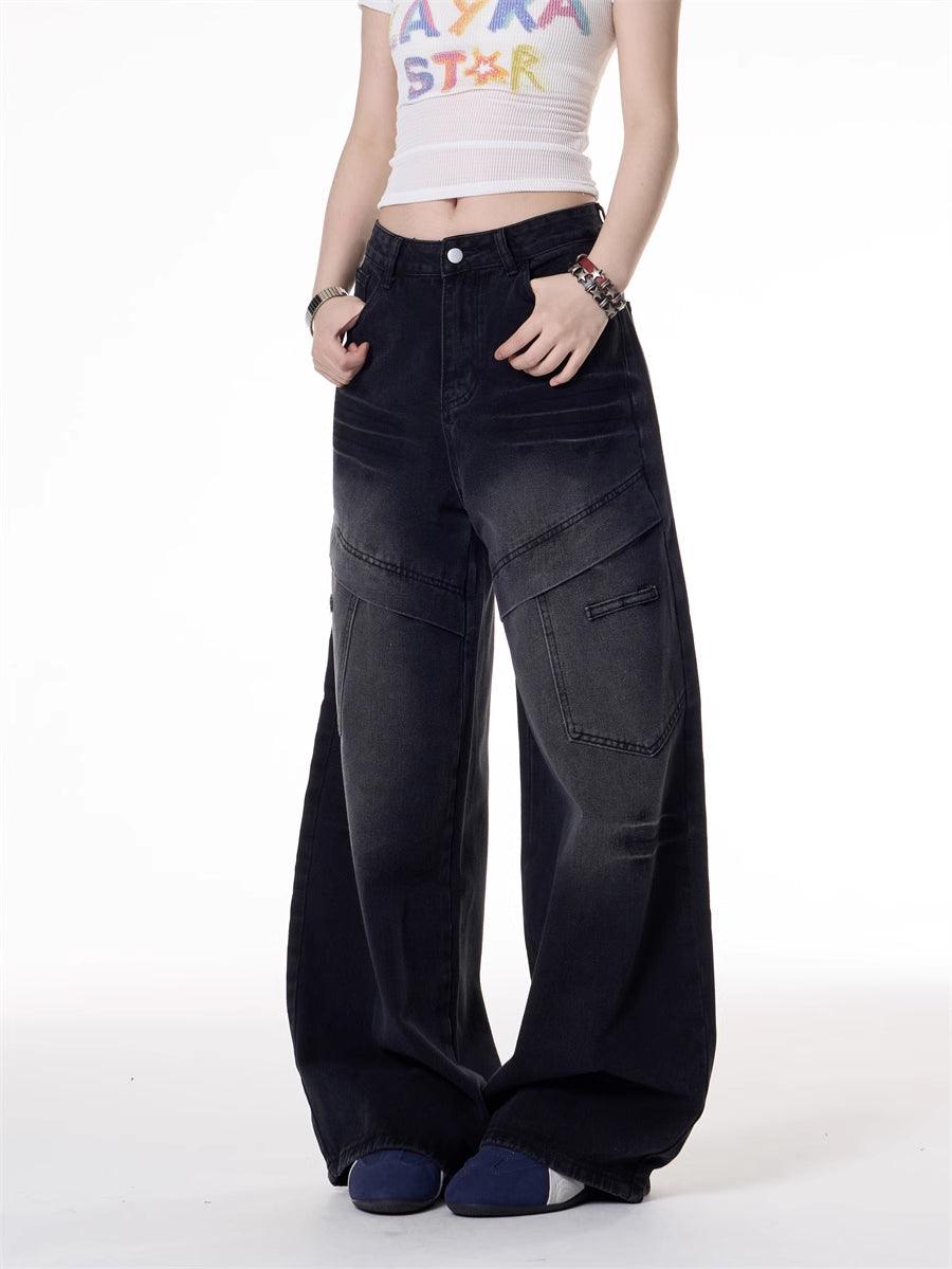 American Retro Multi-pocket Deconstructive Design Jeans For Women Black null
