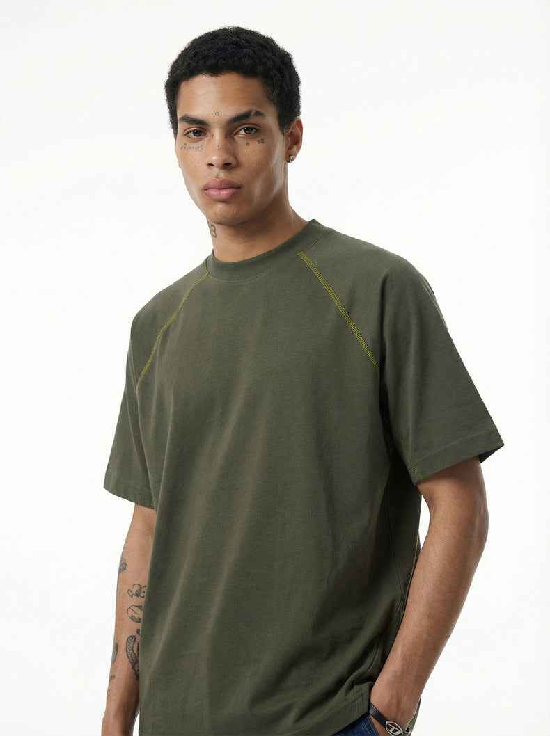 Casual Color-blocked Raglan Short-sleeved T-shirt For Men Olive green MuddyStock null