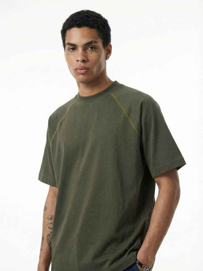 Casual Color-blocked Raglan Short-sleeved T-shirt For Men Olive green MuddyStock null