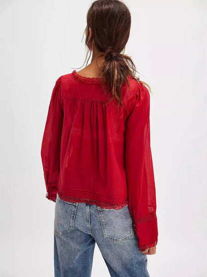 Lace U-shaped Lace Collar Long Sleeve Light Shirt Wine Red MuddyStock