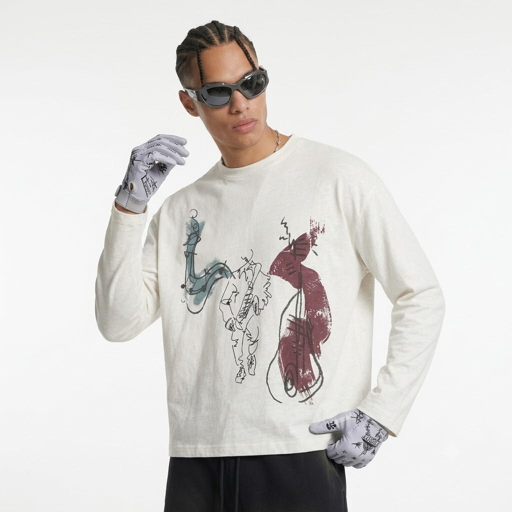 Abstract Hand-painted Graffiti Print Round Neck Loose Long Sleeve T-Shirt For Men | MuddyStock Originals