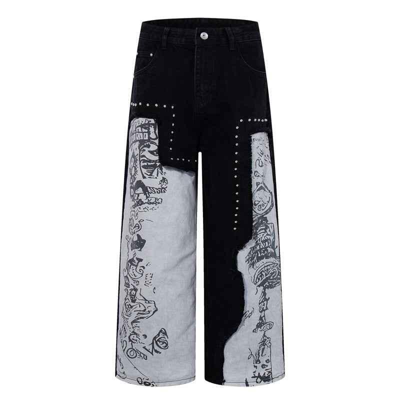 Men's nail bead splicing contrasting graffiti pattern jeans | MuddyStock Originals Obsidian Black