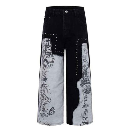 Men's nail bead splicing contrasting graffiti pattern jeans | MuddyStock Originals Obsidian Black