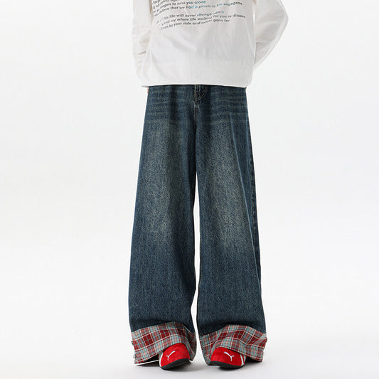Retro Washed Plaid Cuffed Denim Wide Leg Long Pants For Men And Women | MuddyStock Originals MuddyStock