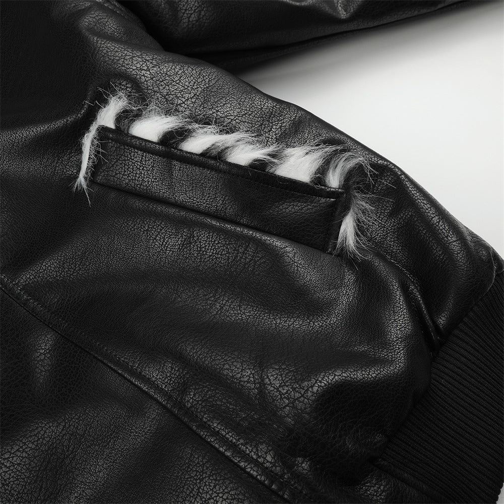 Men's Biker PU Leather Jacket with Diagonal Zipper and Fur Lapel Collar